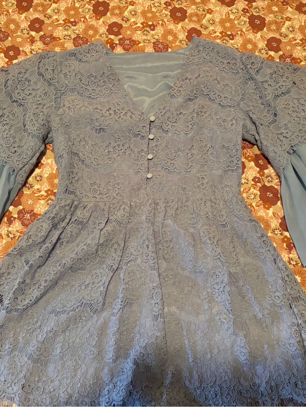 Lace-Overlay Blue Jumpsuit with Bell Sleeves